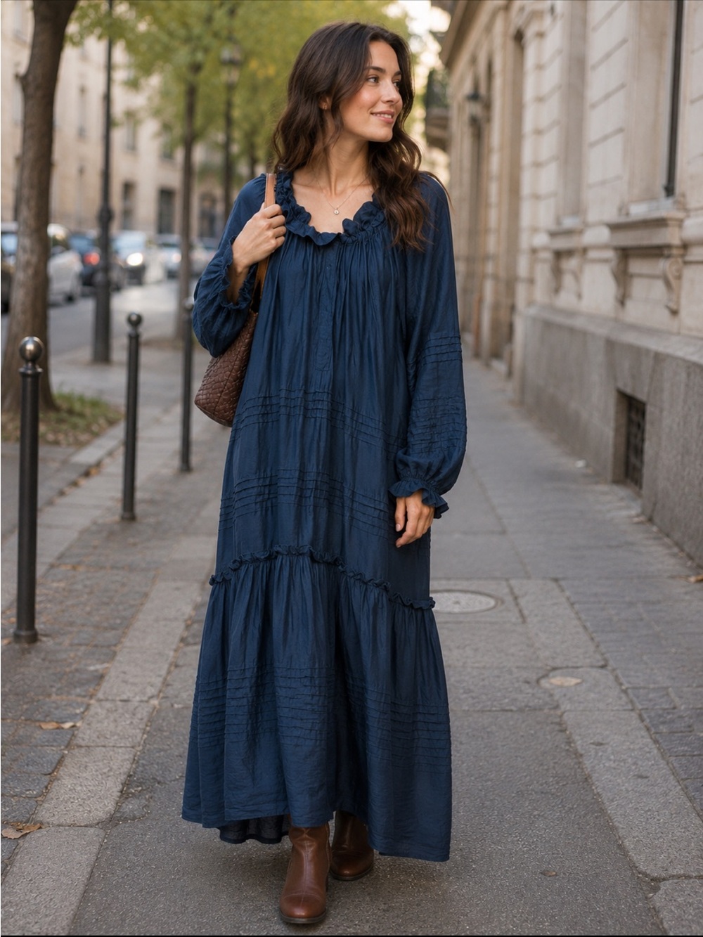 Lee Mathews Navy Ruffle-Neck Tiered Dress